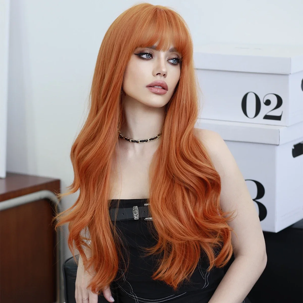 PARK YUN Long Wavy Orange Wig for Women Daily Party Cosplay High Density Synthetic Loose Body Wavy Ginger Hair Wigs with Bangs