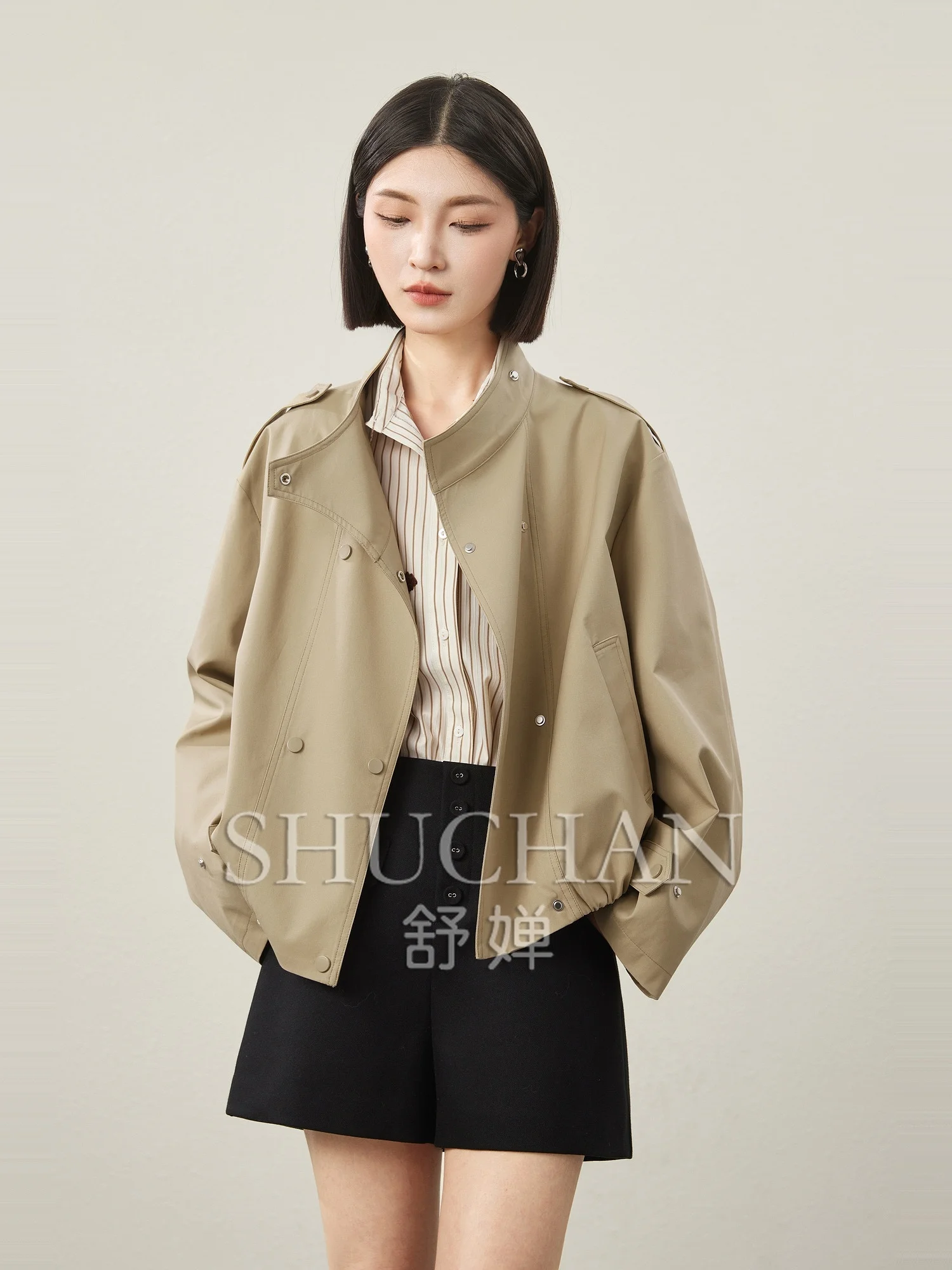 Good Quality, Urban Leisure Fashion, Design Sense Stand-up Collar, Modal Cotton Double-breasted Short Jacket Women