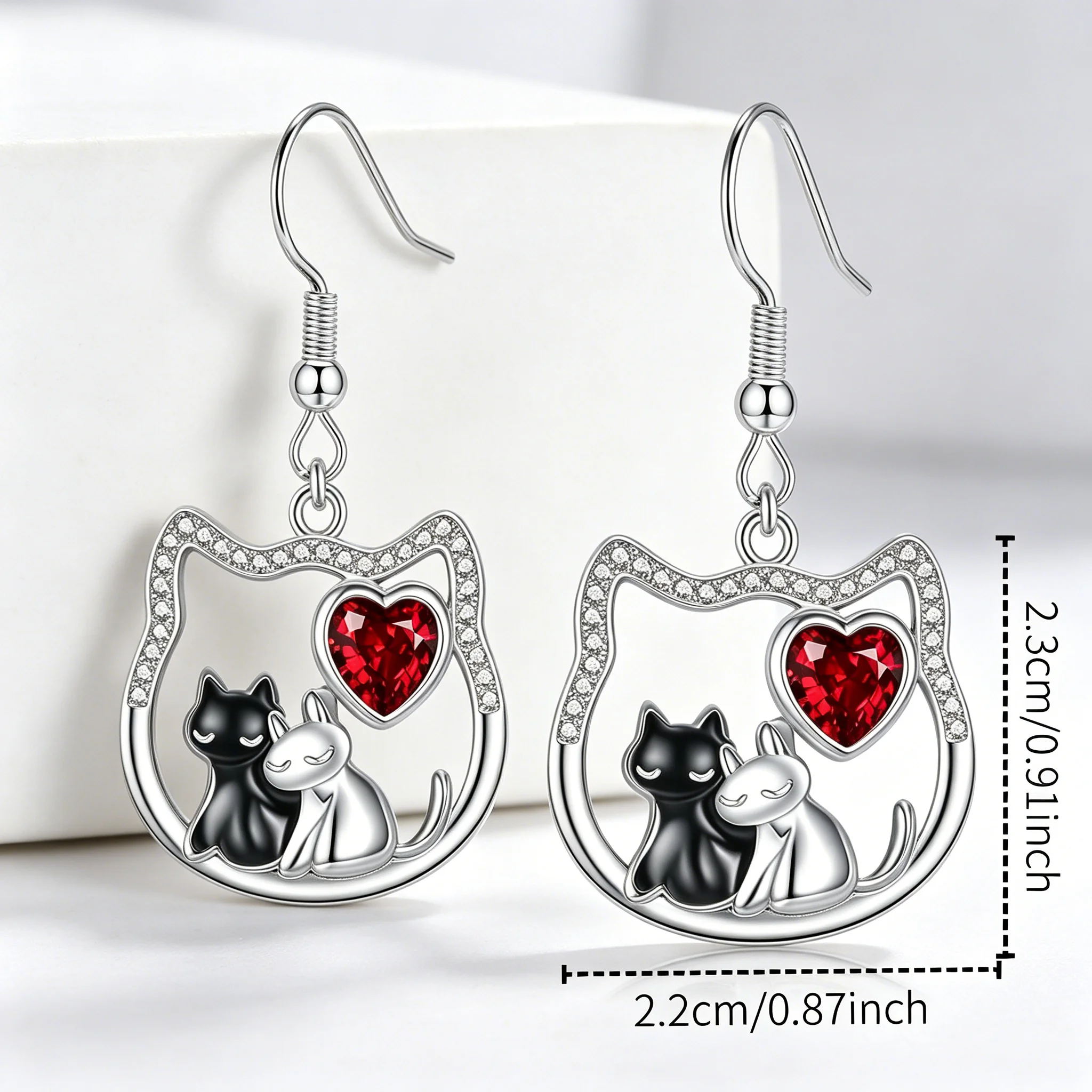 Black White Cat Dangle Earrings Silver Tone Red Heart Accent Pet Jewelry for Women Cat Lovers Gift view 3