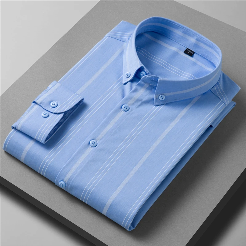 SHAN BAO-Camisa listrada de manga comprida masculina, fibra de bambu, solta, casual, casamento, banquete, luxo, alta qualidade, outono, 2022