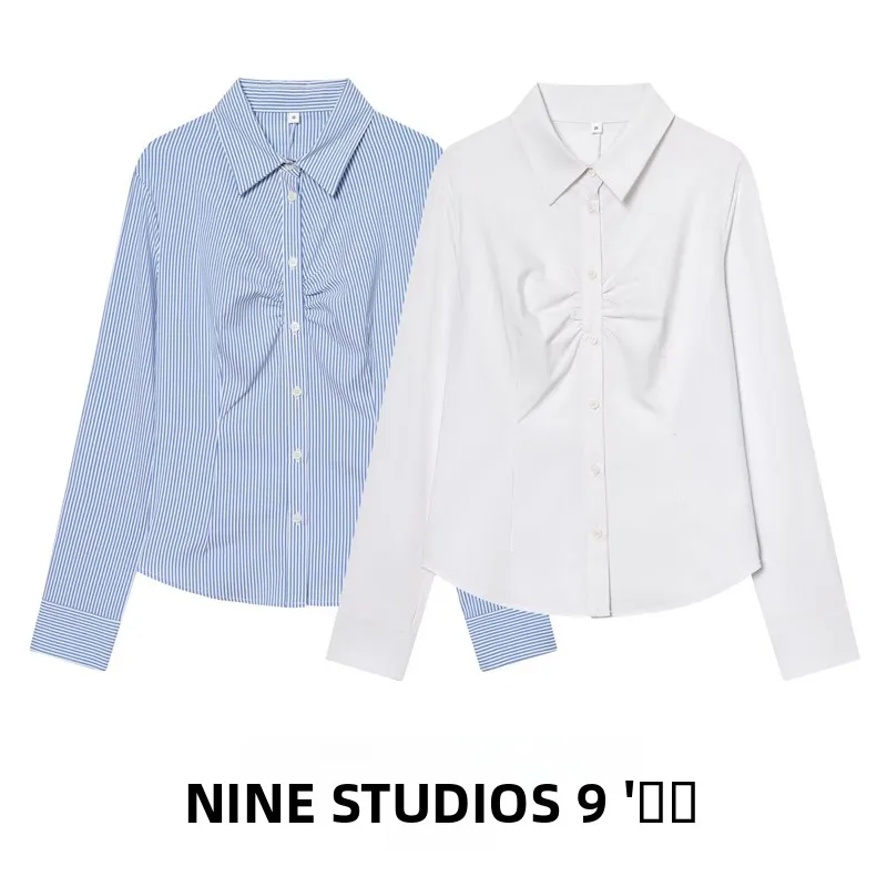 

Женская приталенная рубашка в полоску с длинным рукавом, отложным воротником, плиссированная, укороченная, универсальная, в европейском стиле, из полиэфирного волокна