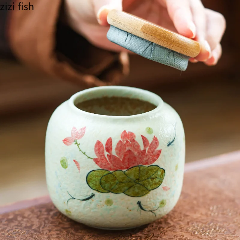 Hand Drawn Floral Animal Ceramic Tea Box Tea Jar Small Portable Moisture Proof Sealed Jar Tea Storage Container Home Teaware