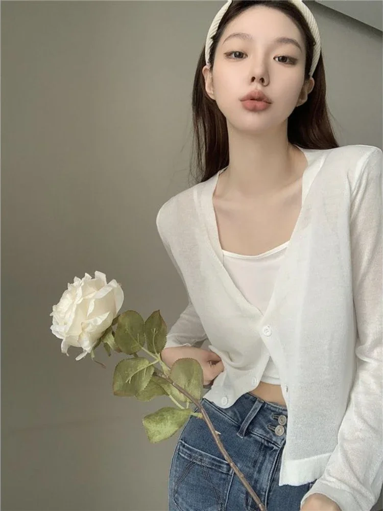 Cardigan Women Sheer Solid 4 Colors Designed Ins Simple All-match Sunscreen Daily Creativity Basics Korean Style Leisure Sweet