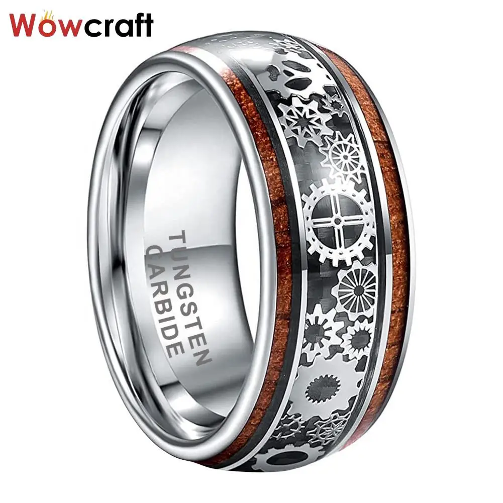 Tungsten Ring for Men Women Steampunk Gear Wood Carbon Fiber Inlay Fashion Wedding Band