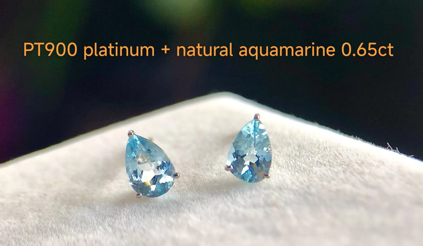 Certificated Simple PT900 Platinum Natural Aquamarine Ear Stud Real White Gold Genuine Diamond Geometric Earrings High Jewelry