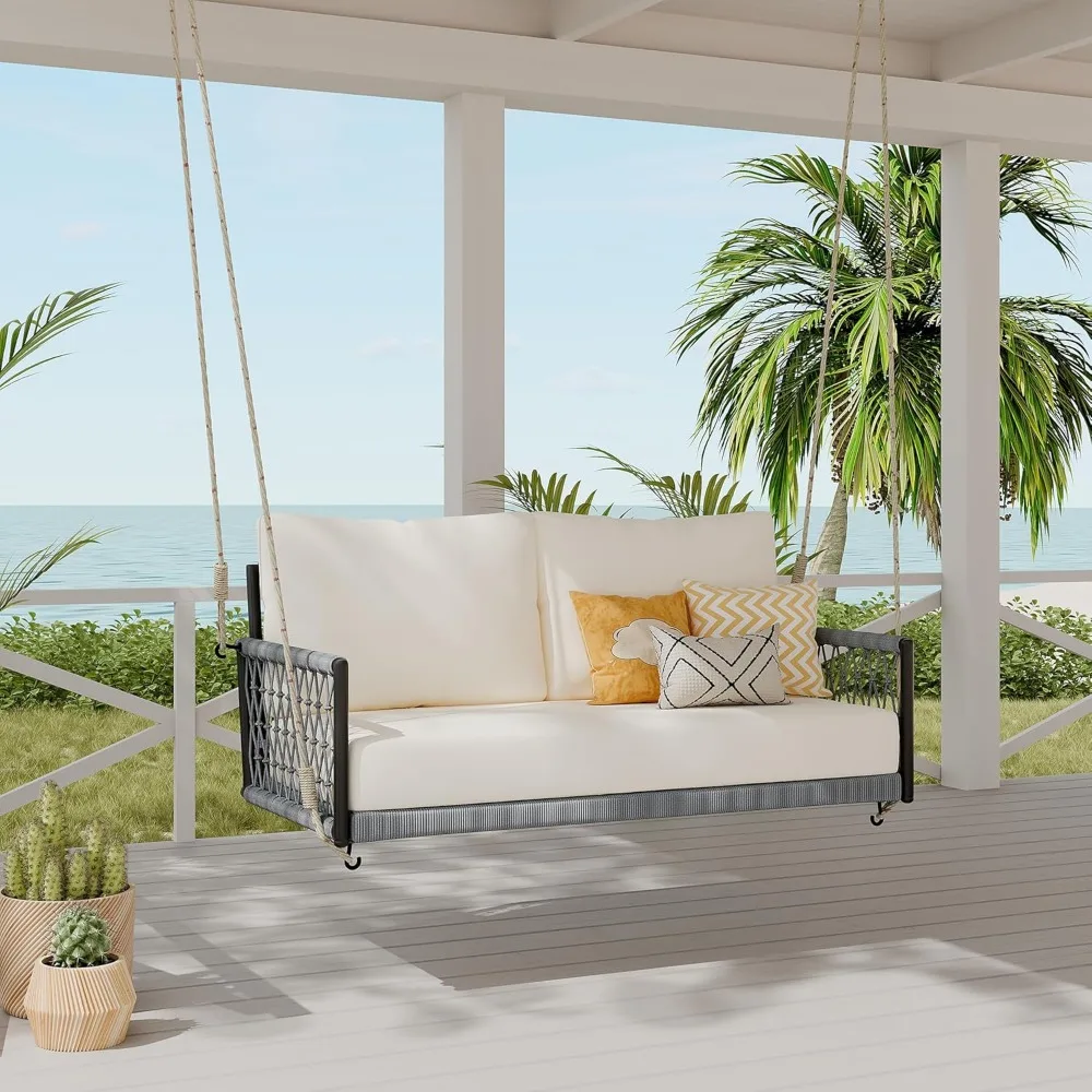 

1-Piece Woven Rope Outdoor Swing Sofa, 51.6" Length 2-Seats Patio Swings Sofa with Soft Cushions and Pillows, 2-Person Hanging S