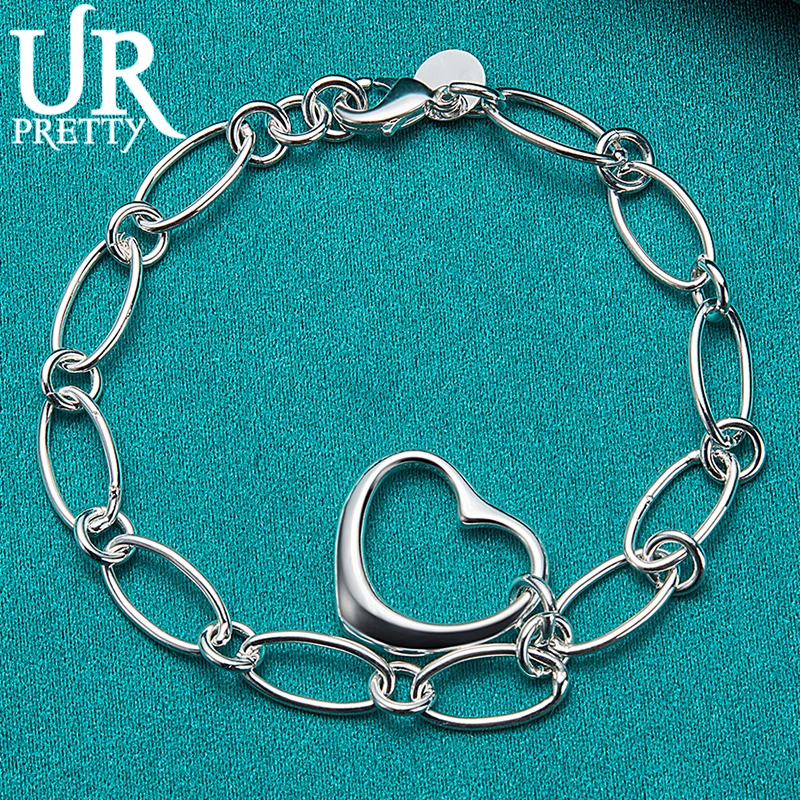 

URPRETTY 925 Sterling Silver Heart Shaped Pendant Chain Bracelet For Women Wedding Engagement Charm Jewelry Gift