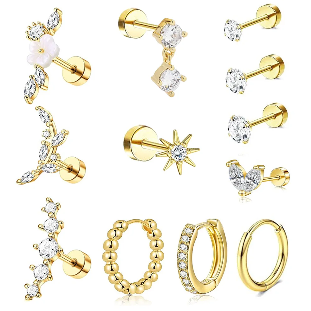 Women's 14K Gold Cartilage Earrings, Flat Back Studs