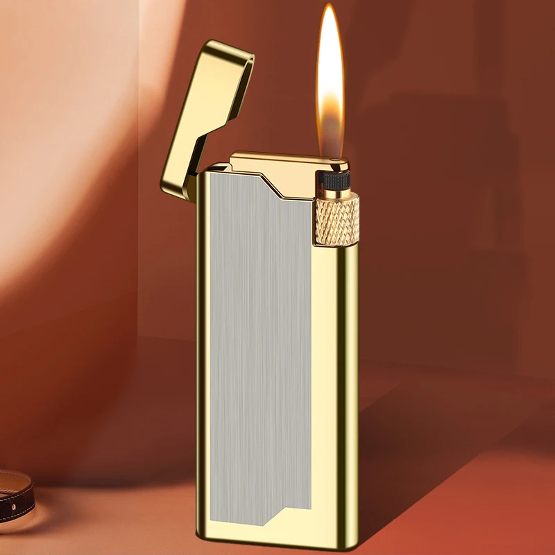 ولاعة سجائر معدنية قابلة لإعادة الملء بعجلة لهب ناعمة من البيوتان، رفيعة للغاية مقاومة للرياح، هدية للرجال #6