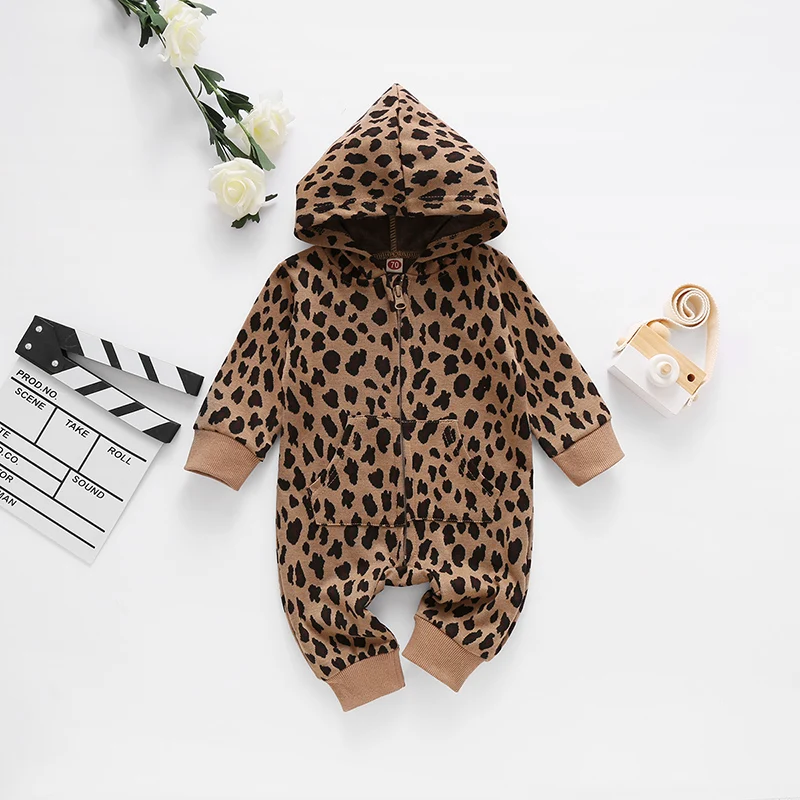 Autumn baby boy leopard print open chest zip bodysuit long crawlsuit