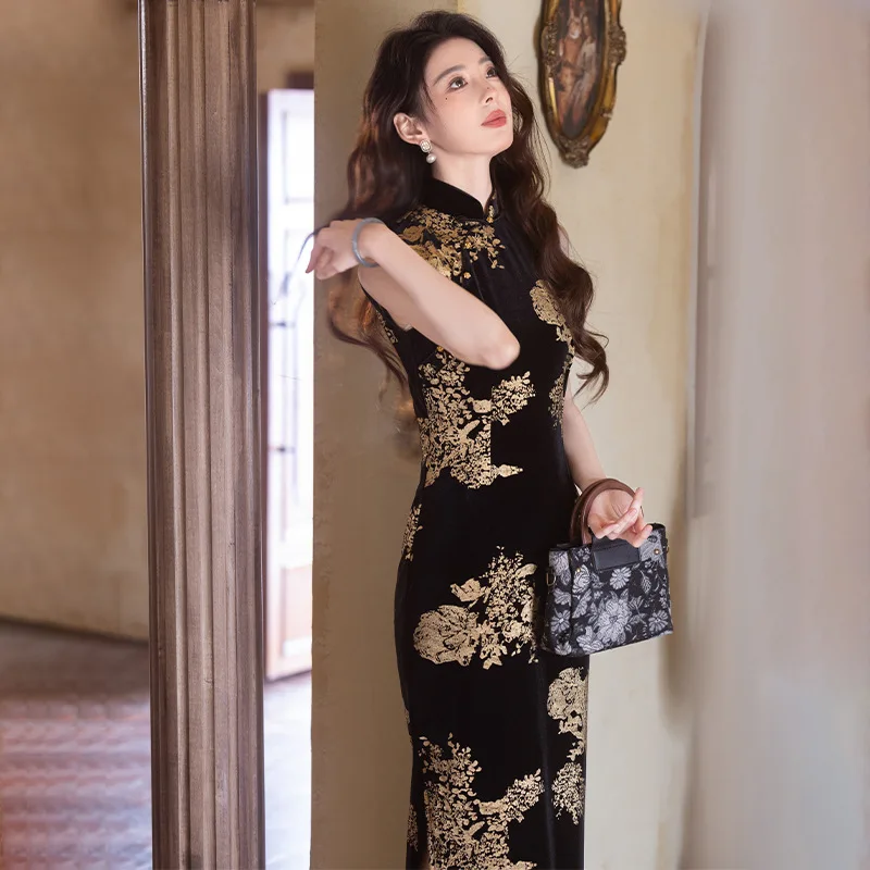 بلا أكمام زهرة سوداء القطيفة اليوسفي طوق شيونغسام عالية سبليت فيستدوس الشرقية العروس فساتين زفاف الصيف حزب ثوب #3