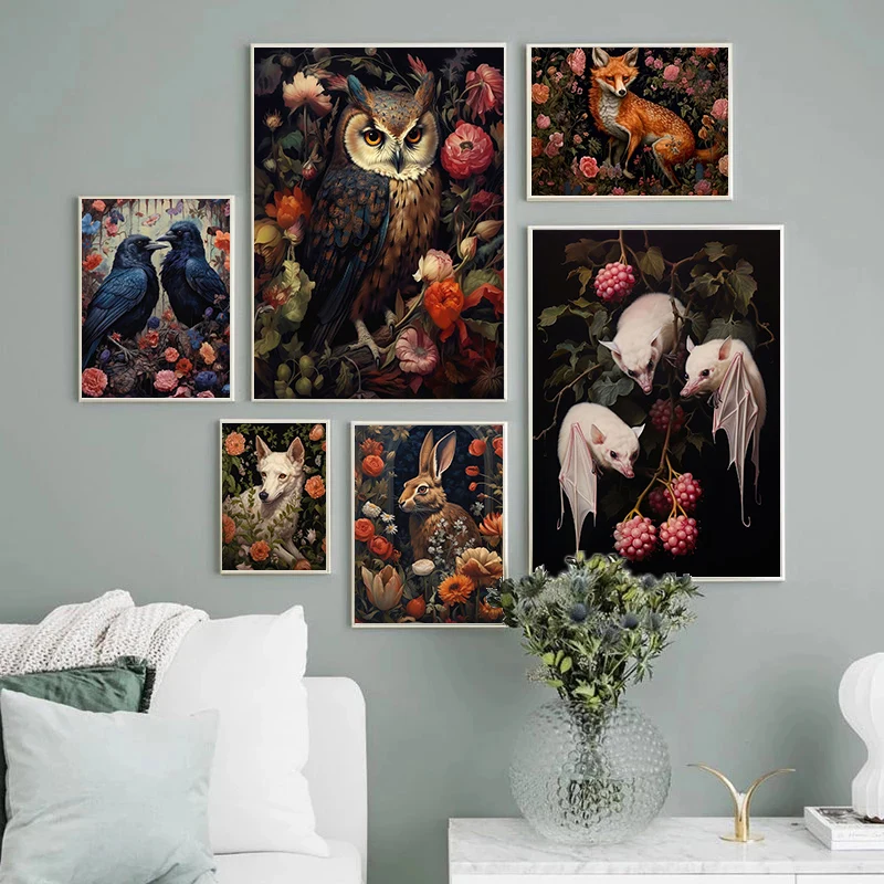 Black Rabbit Deer Fruit Bats Fox Owl Raven Cat Poster Dark Botanical Gothic  Floral Canvas Painting Goth Wall Art  Room Decor