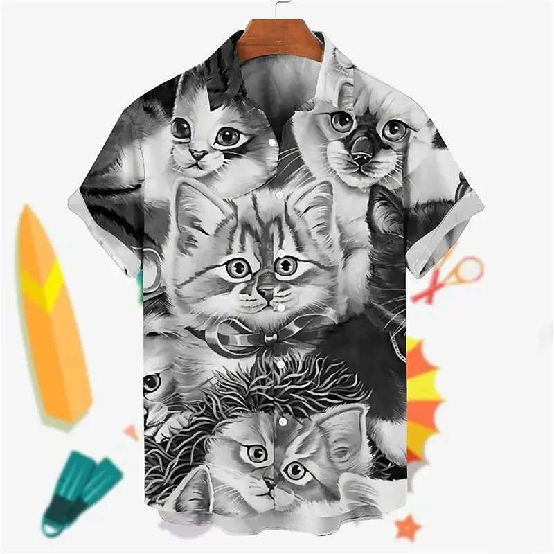 Grappige 3d Cartoon Kat Print Shirts Voor Mannen Mode Revers Knoop Tops Zomer Straat Trend Korte Mouw Blouse Casual Losse T-Shirt