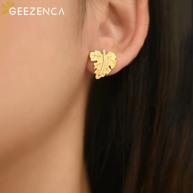 GEEZENCA 925 Sterling Silver Maple Leaf Delicate Earrings Necklace Brooch For Women CZ Luxury Gold Plated Jewelry Set Party Gift