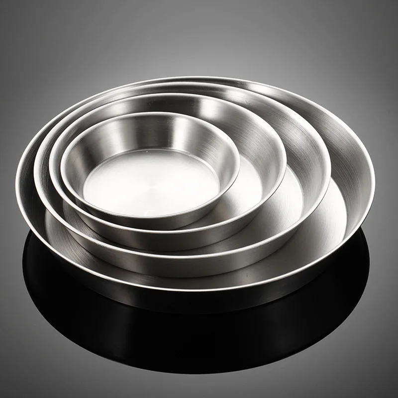 12/16/20/24cm Stainless Steel Dinner Plates Thick Round Dishes Barbecue Meals Trays Table Tableware Services for Kitchen