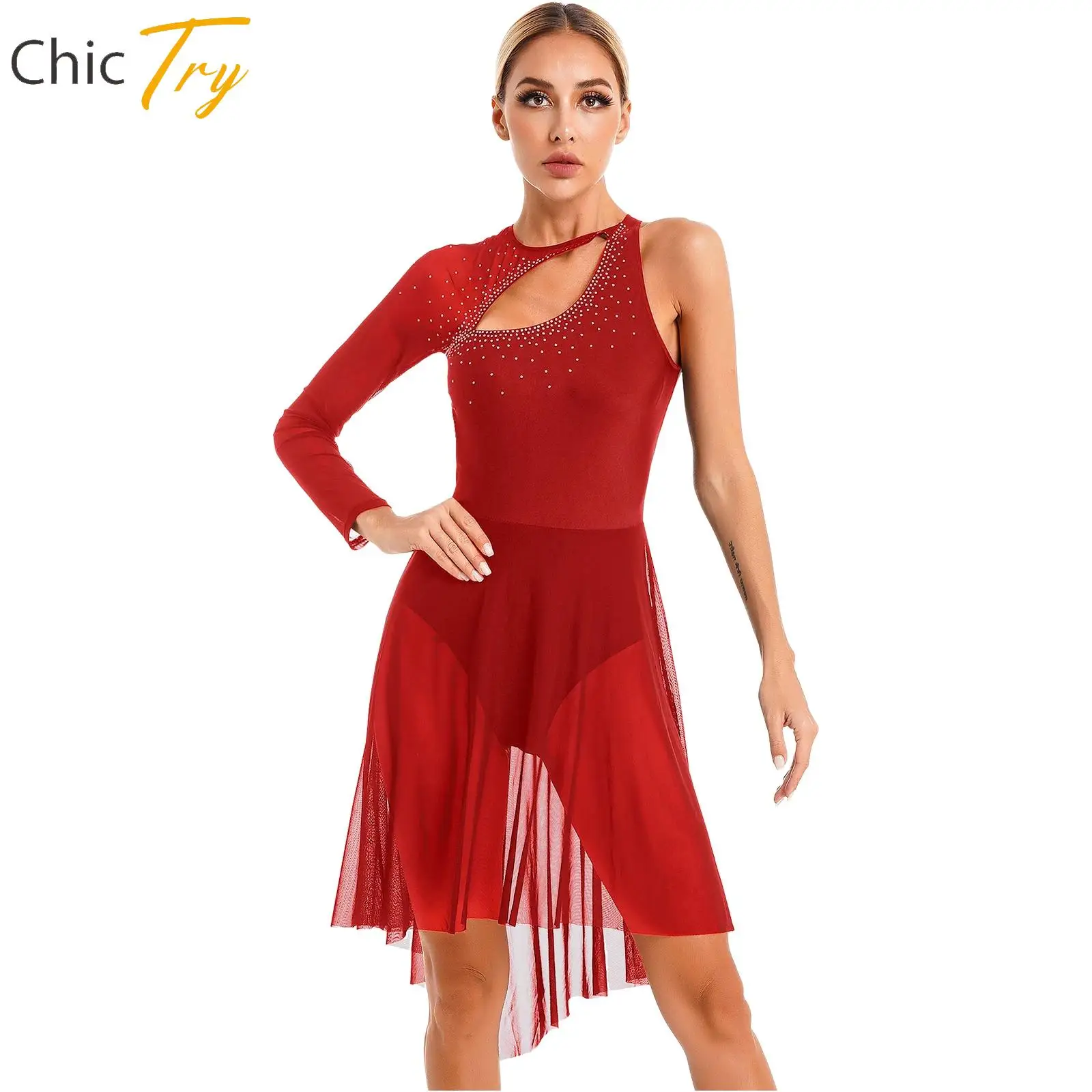 

Womens Figure Skating Costume Glitter Rhinestone Cutout Leotard Dress One Shoulder Sheer Mesh Long Sleeve Lyrical Dance Dresses