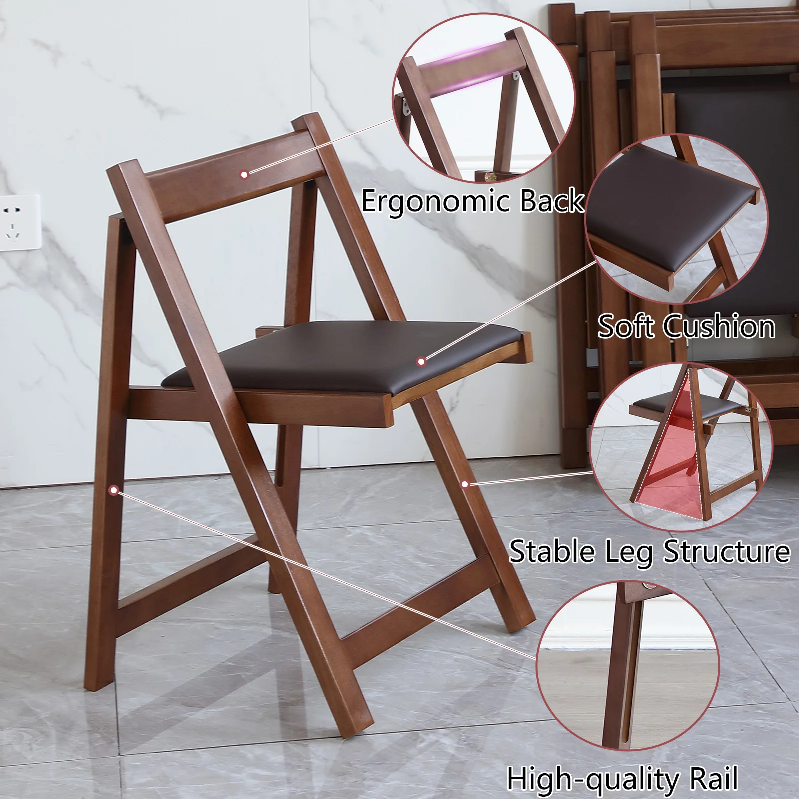 Wooden Folding Dining Chairs with Padded Seats 2 Pack Foldable Chair for Kitchen Table Event Party Garde