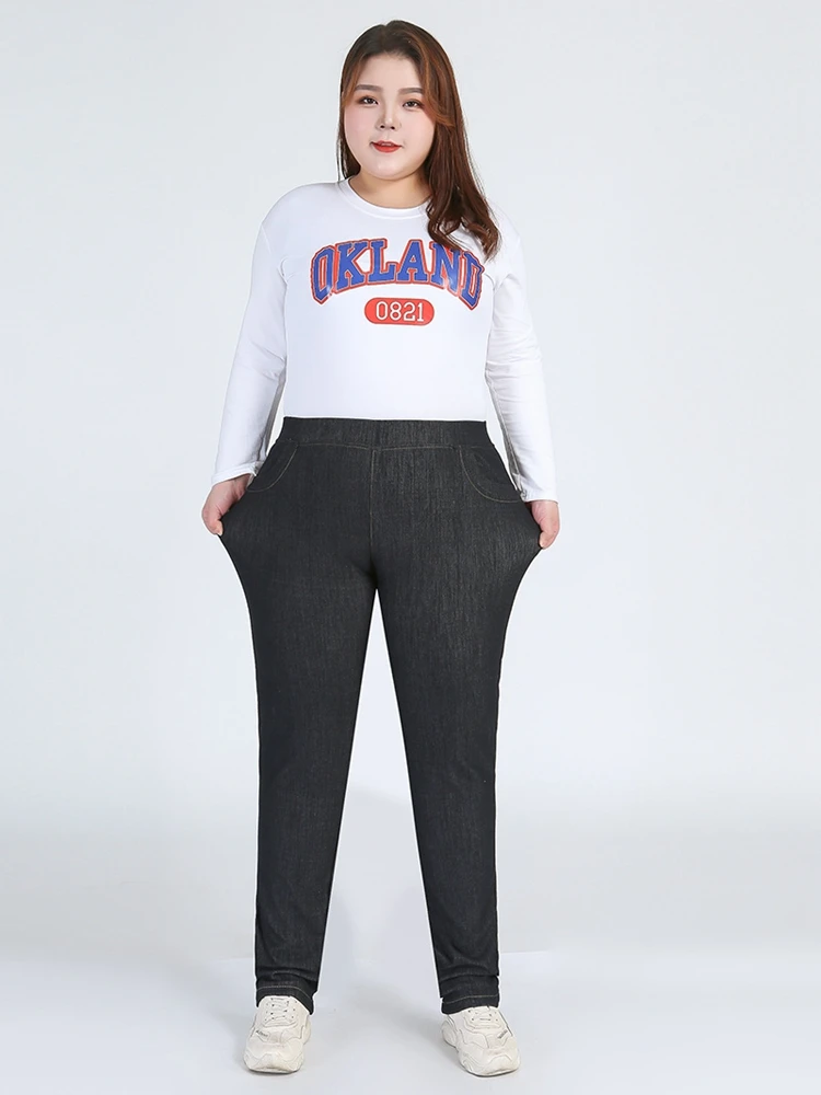 بنطال رصاص مطرز عالي الخصر للنساء، جينز جيب مرن، موضة الخريف، مقاس كبير، 7XL، 8XL، 9XL، طراز جديد.