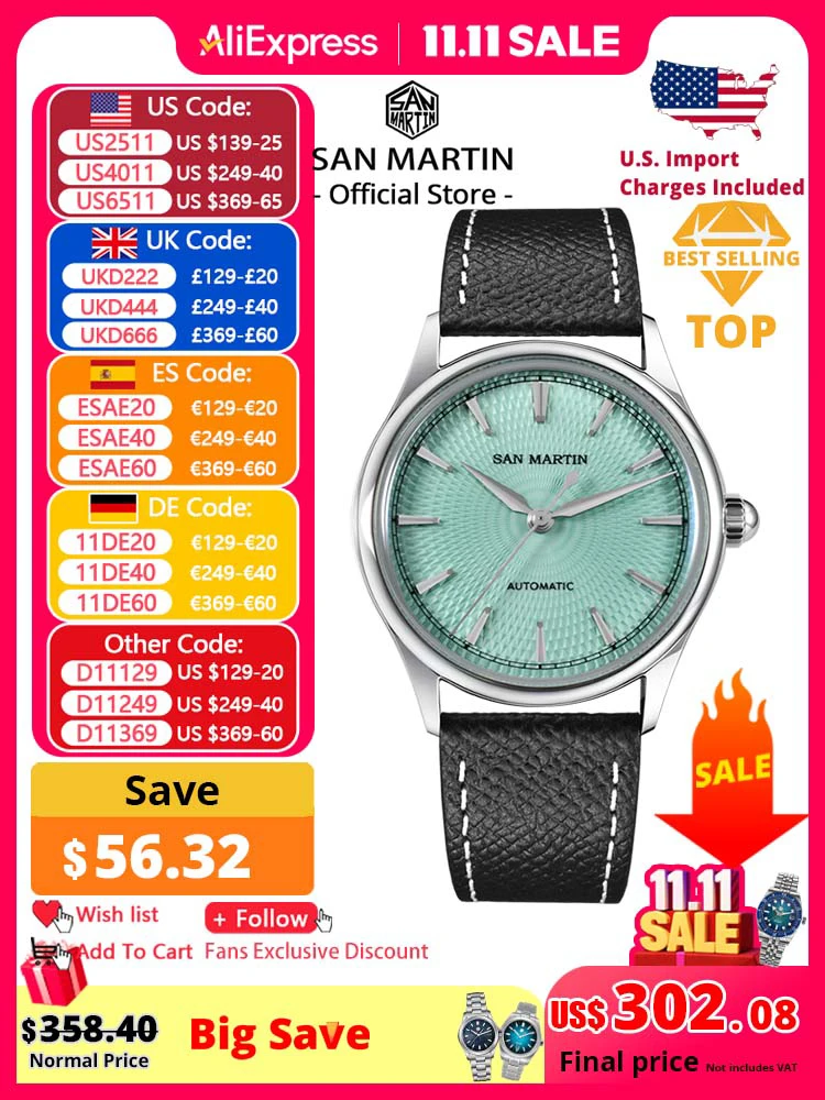 

San Martin 37 мм Мужские деловые часы с 3D текстурированным циферблатом ST1812 Повседневная мода Автоматические механические сапфировые прозрачные задние часы SN0110