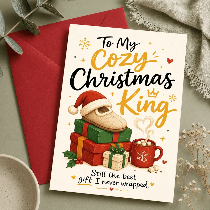 Charming Christmas King Greeting Card – Festive Illustration for Boyfriend, Husband, or Partner