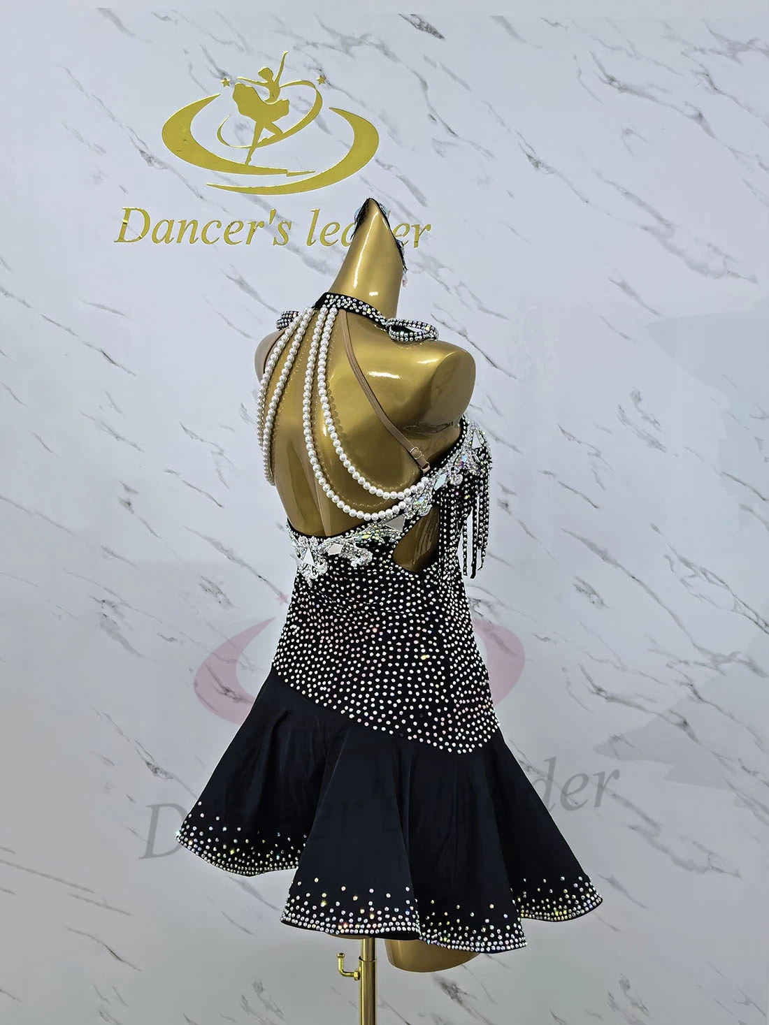 فستان راقص لاتيني للأطفال البالغين عالي الجودة مخصص باللون الأسود برقبة معلقة فستان تانجو سامبا AB Stone Performance