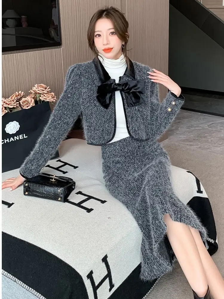 Women Elegant Woolen Prom Party Suit Bow Jacke Coat And Long Skirt Two Piece Set Outfit 2023 Winter Elegant Workwear Warm Cloth