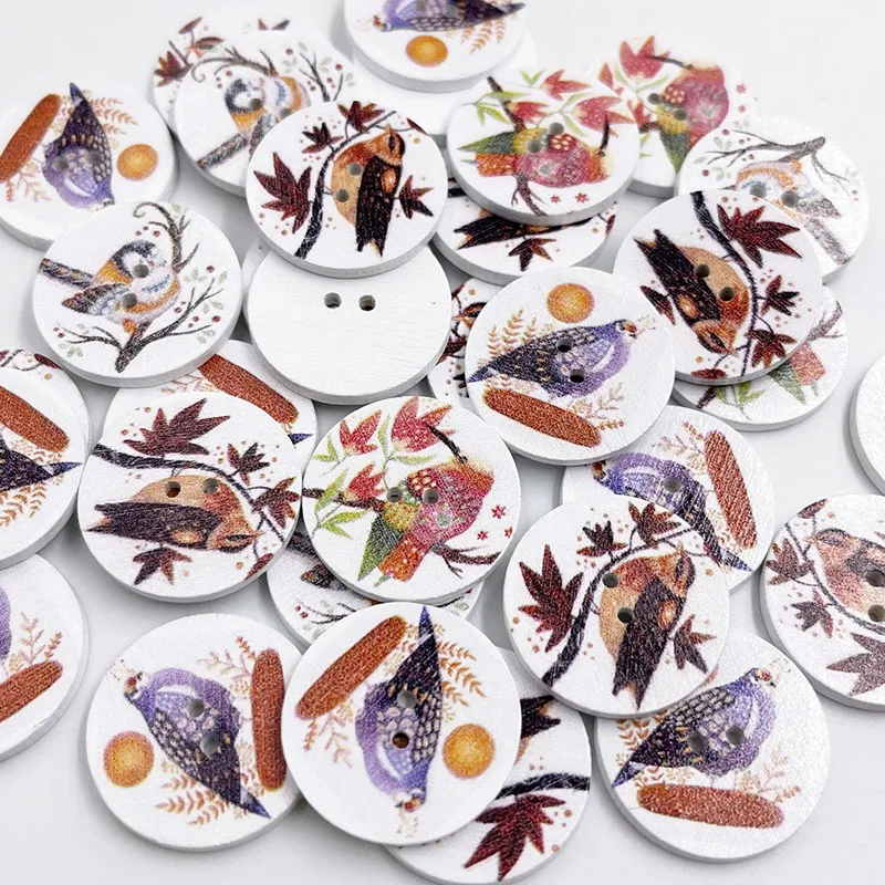 50pcs Animal Birds Mixed Wood Buttons Handwork Sewing Scrapbook Clothing Crafts Accessories Gift Card 25mm WB884