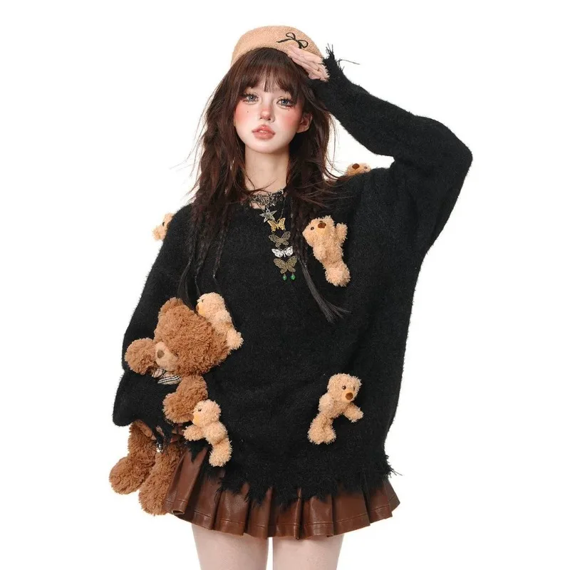 

Age Reduction Cute Pullovers Bear Playground Lazy Wind Sweater Women Wear Autumn and Winter Loose Long-sleeved Black Knitted Top