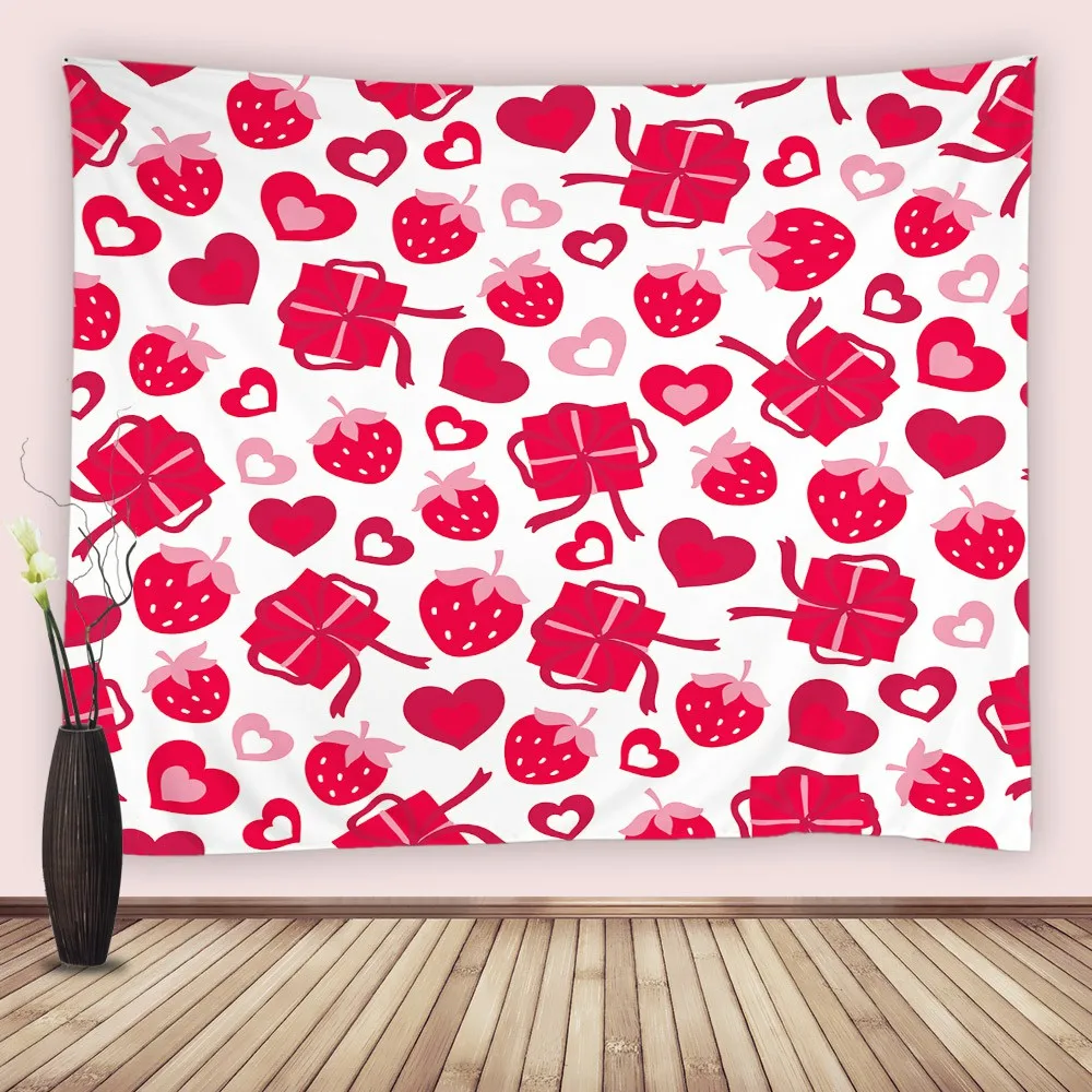 

Red Strawberry Wall Hanging Fabric Fruits Love Heart Gift Tapestry Soft Home Blanket Tapestries Dorm Bedroom Living Room Decor