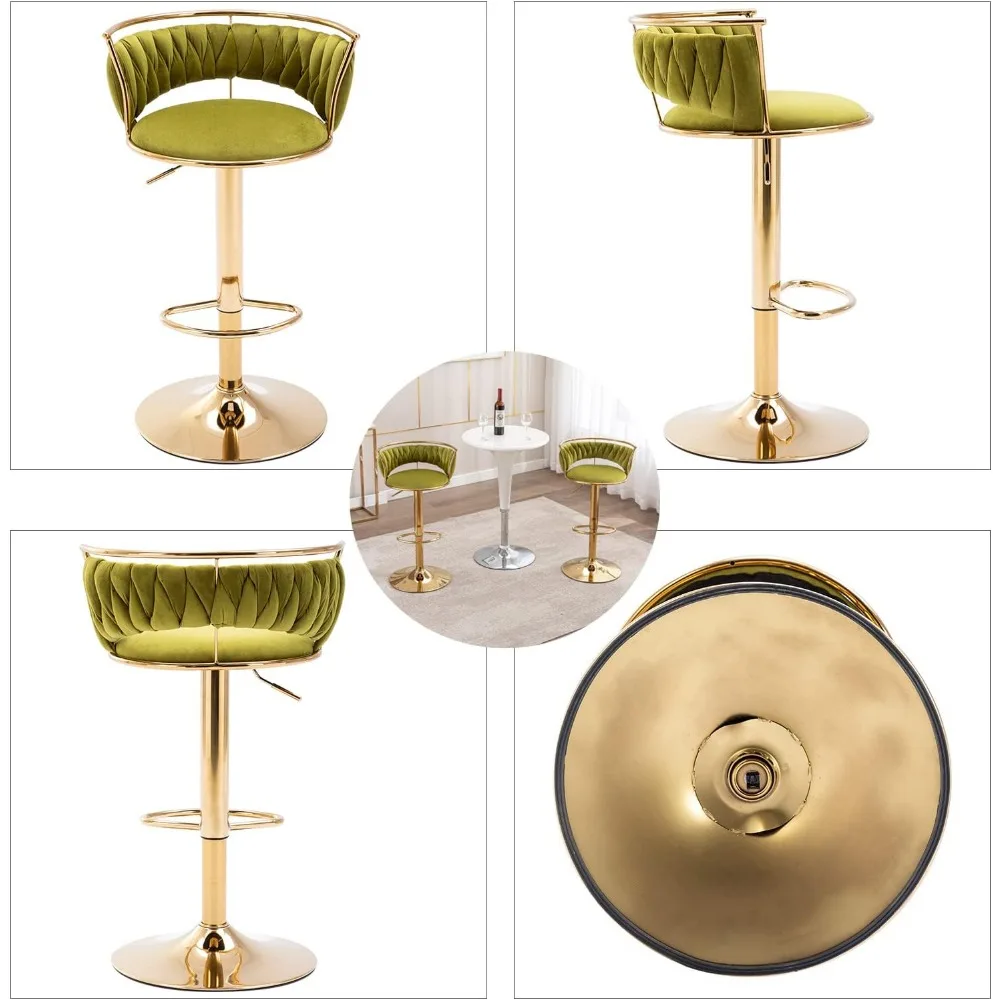 Modern Swivel Bar Stools Set of 2, Velvet Adjustable Height Barstools Low Back Kitchen Island Counter Bar Chair with Golden Base