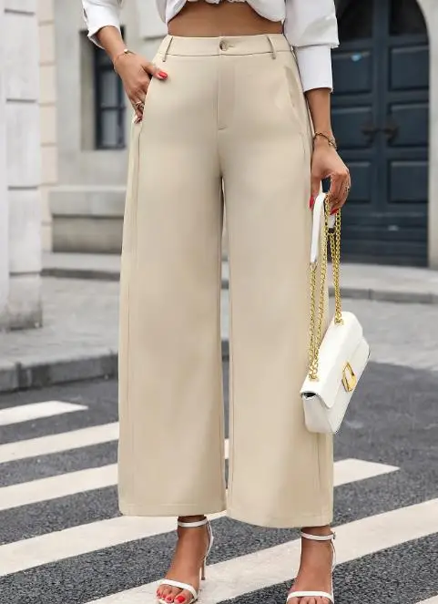 Commuting solid color double-sided pleated splicing design wide leg pants with casual style details pocket pants for women