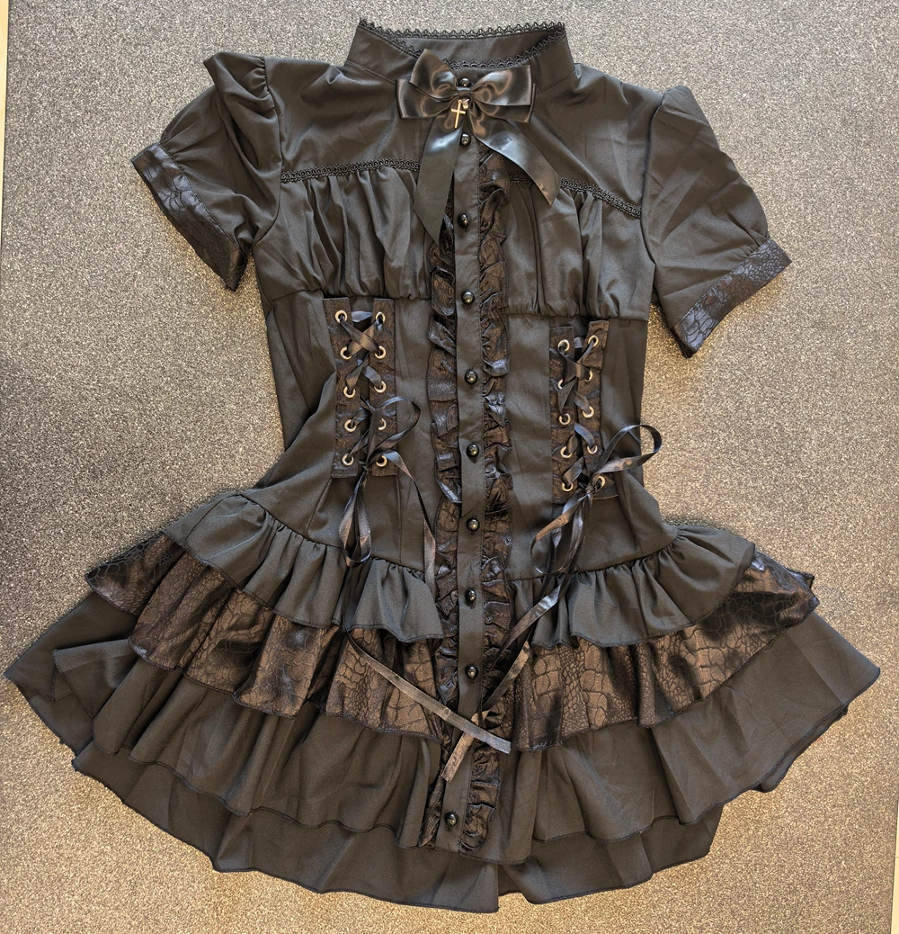 Damen Gothic Mini-Kleid Vintage Spitze Y2k Knopfdesign Streetwear Lolita Slim Kleid Kurzarm Elegantes Kleid Spicy Girls – Detail 7