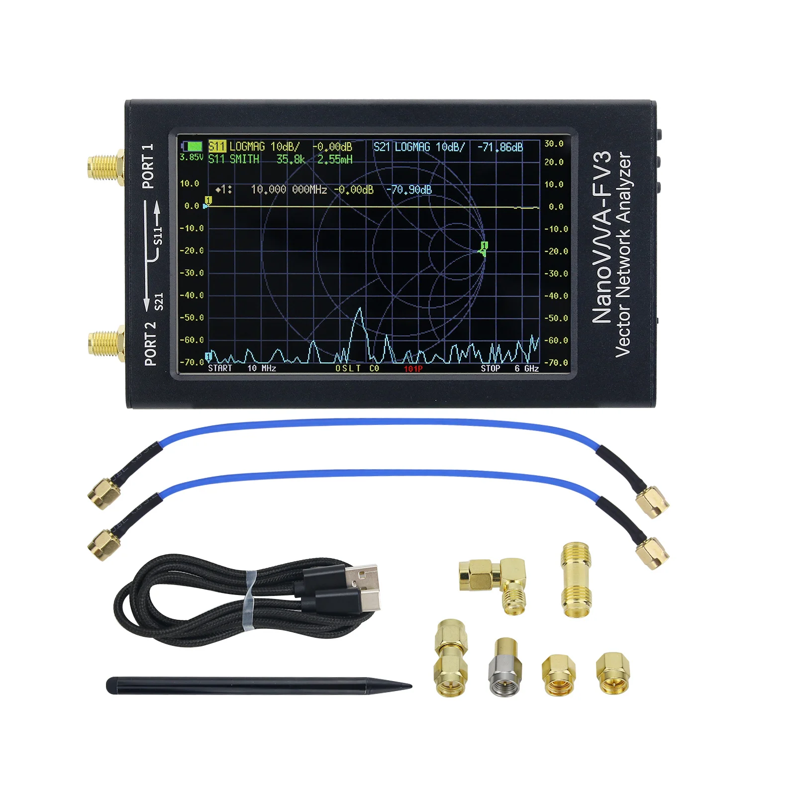 

-6G V3 1 МГц-6 ГГц векторный сетевой анализатор VNA с 4,3-дюймовым сенсорным экраном IPS для антенны MF/HF/VHF/UHF/SHF