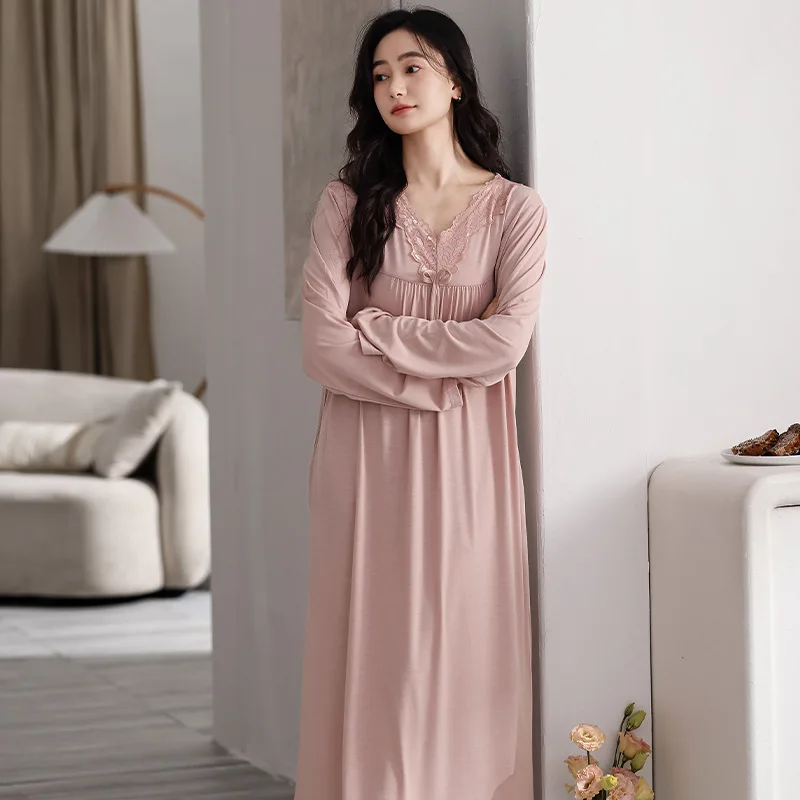 

Modal Night Dress Woman Sleepwear One Piece Dress Spring Autumn Loose Long Sleeve Sexy Nightwear Woman Pajamas Dress