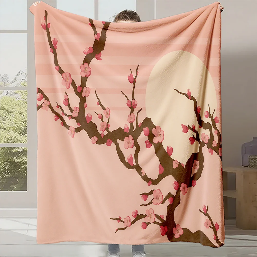 1pc Cherry Blossom Tree Print Plush Fleece Blanket - Soft Pink & Beige Quilted Bedspread with Branches, All-Season Cozy Warm Bed