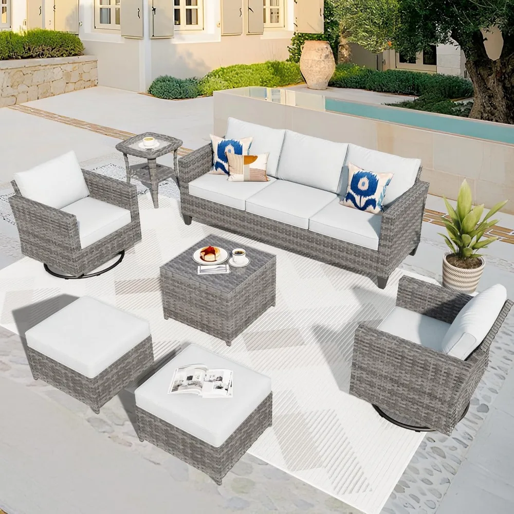 Patio furniture set, 7 pieces of outdoor wicker rattan sofa, double seat and comfortable cushion dialogue for garden backyard