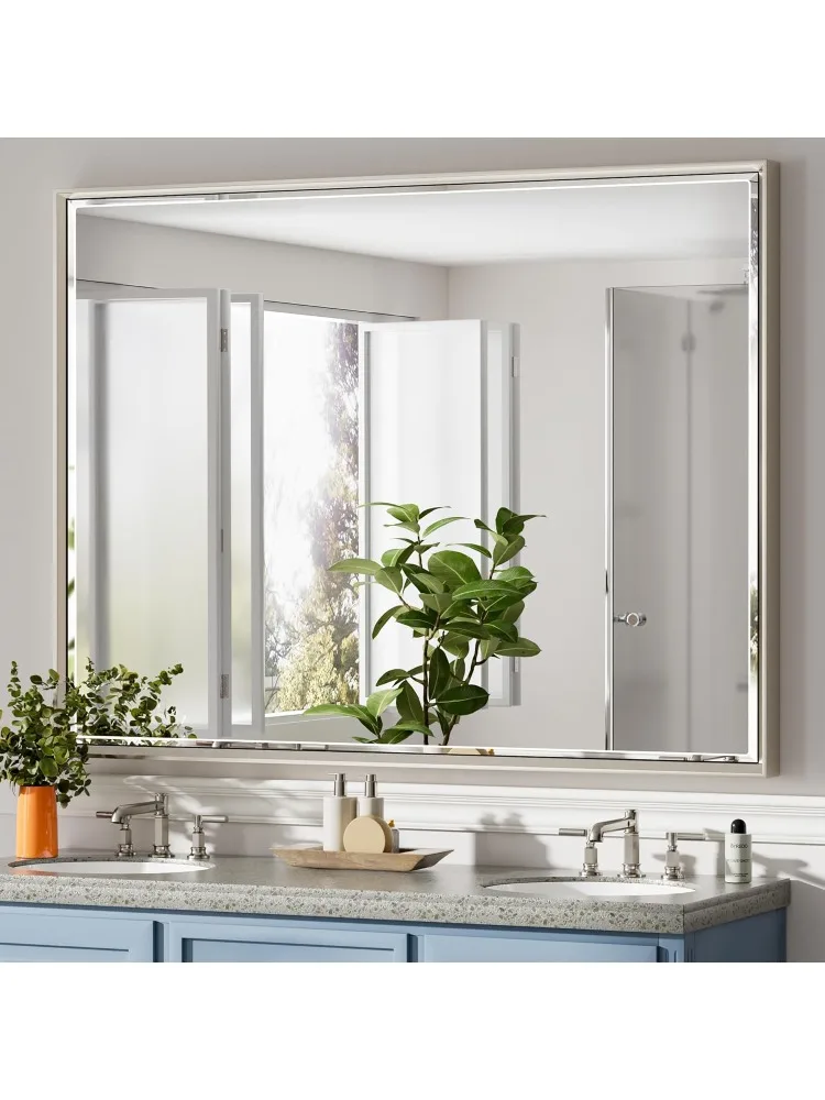 

Зеркало для ванной комнаты из матового никеля 48 x 36, прямоугольник со скошенной рамой и антикоррозийной рамой, небьющееся, вертикальное/горизонтальное настенное крепление