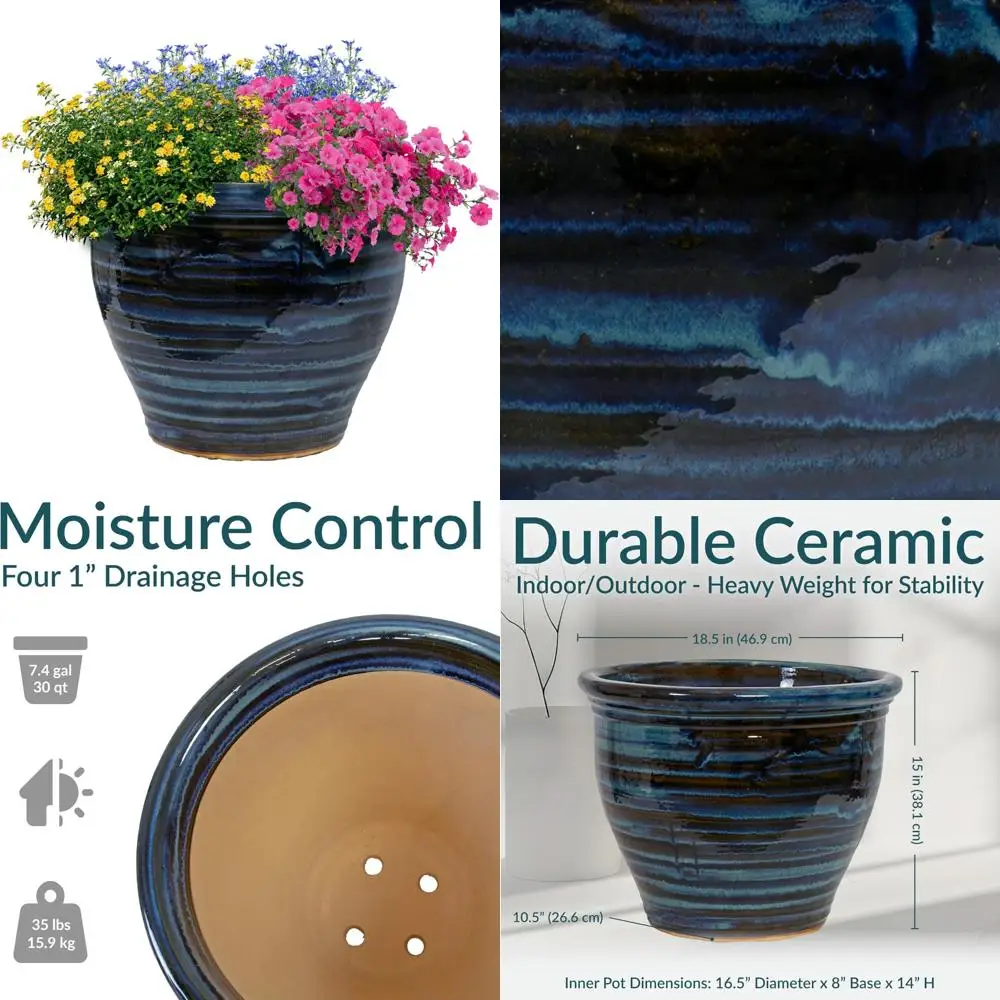 

Large Round Outdoor Glazed Ceramic Planter Pot with Drainage - Galaxy Blue - 18.5 Inches - Durable and Stylish for Garden Decor
