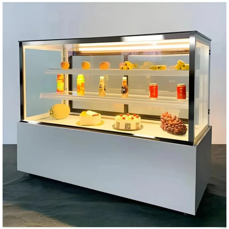 custom.Commercial Cake Display Freezer Glass Back LED Lighting Heavy Duty Construction Varnished Customizable Ladder