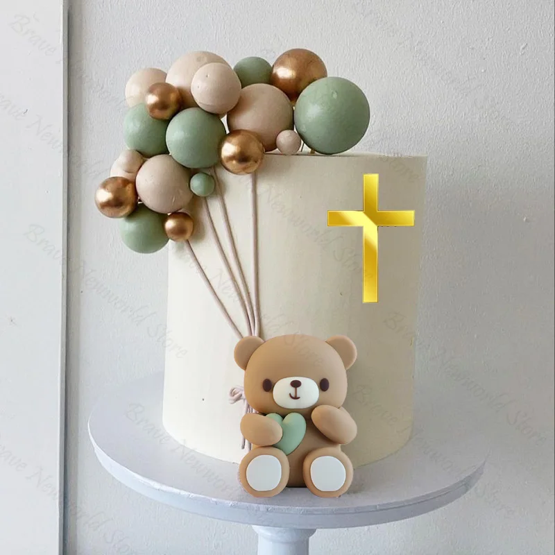 Baptism Nude Sage Green Ball Cake Toppers Teddy Bear Cake Decor Cross Cake Topper Christening Decorations Baby Shower