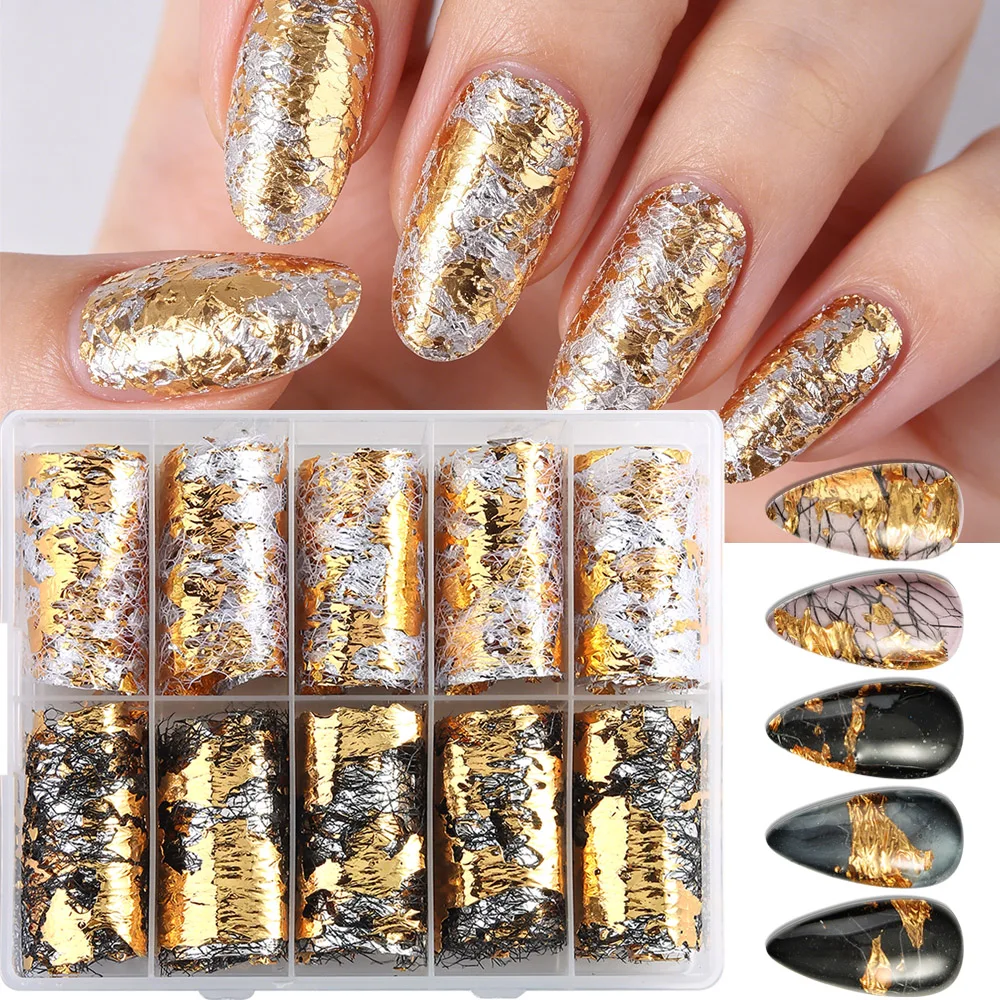 Black White Strips Line Golden Silvery Foil Nail Art Decorations 3D Fishing Line Net Golden Irregular Golden Leaf Nail Decoratio