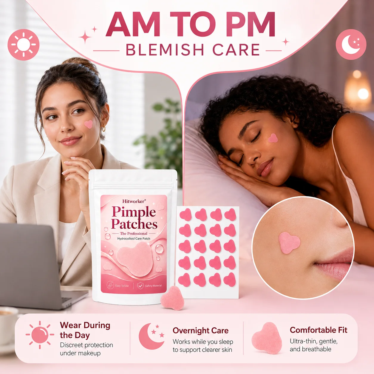 Pink Hydrocolloid Pimple Patches Cute Cloud Shaped Acne Spot Stickers Ultra-Thin Blemish Cover for Daily Skincare