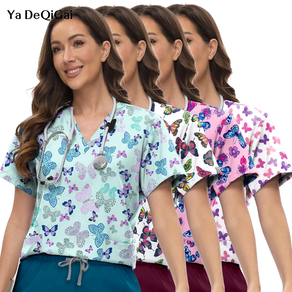 Surgical Uniforms Women Medical Fashion Print V-Neck Obstetrics Nursing Tops Short Sleeves with 2 Pockets Clinical Uniforms NEW