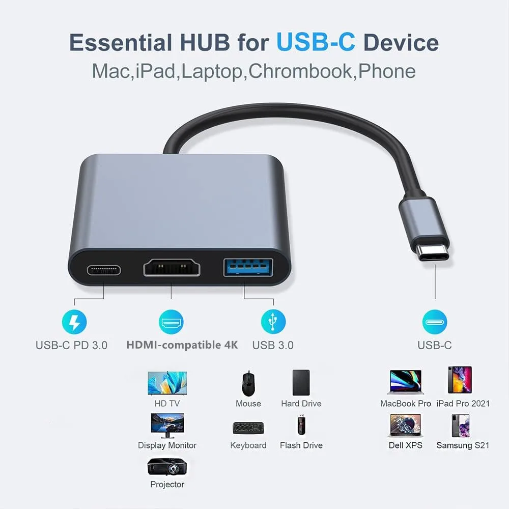 4K HDMI 호환 USB 3.0 포트가 있는 3 in 1 USB-C 허브 Mac Pro/Air Huawei Samsung 노트북용 PD 빠른 충전 도킹 스테이션