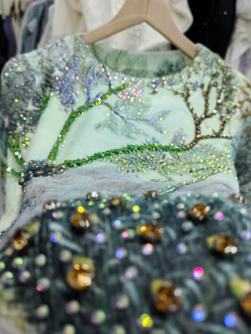 Real Photos Sparkling Crystal Stones Stitch Sweater for Women Autumn/Winter/Spring Outwears Knitwear Pullovers Femme Clothes