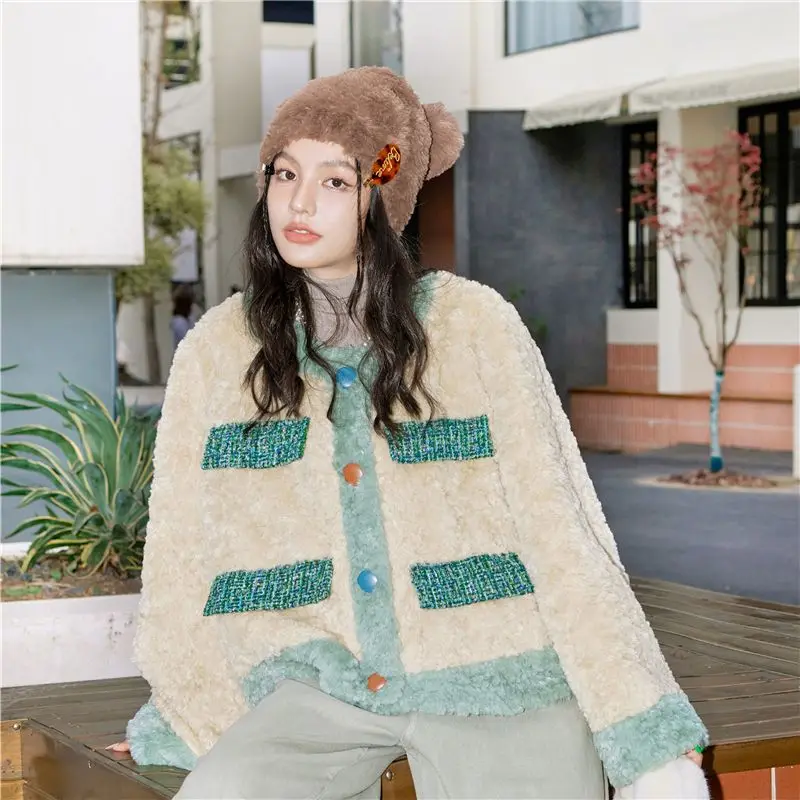 Wool Coat Color Matching Women Round Neck Thicken Warm Jacket 2024 New Autumn Winter Long Sleeve Pockets Plush Jackets Female