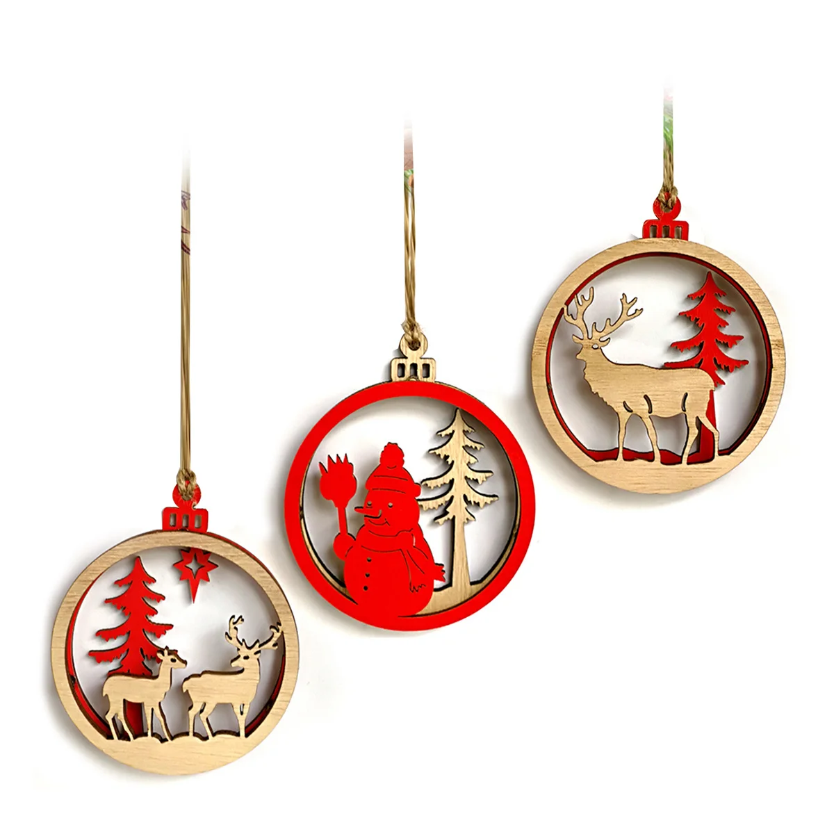 

3Pcs Wooden 3D Small Hanging Pendant Snowman Reindeer Christmas Tree Wall Decor Light Bulb Style Wooden 3D Pendant