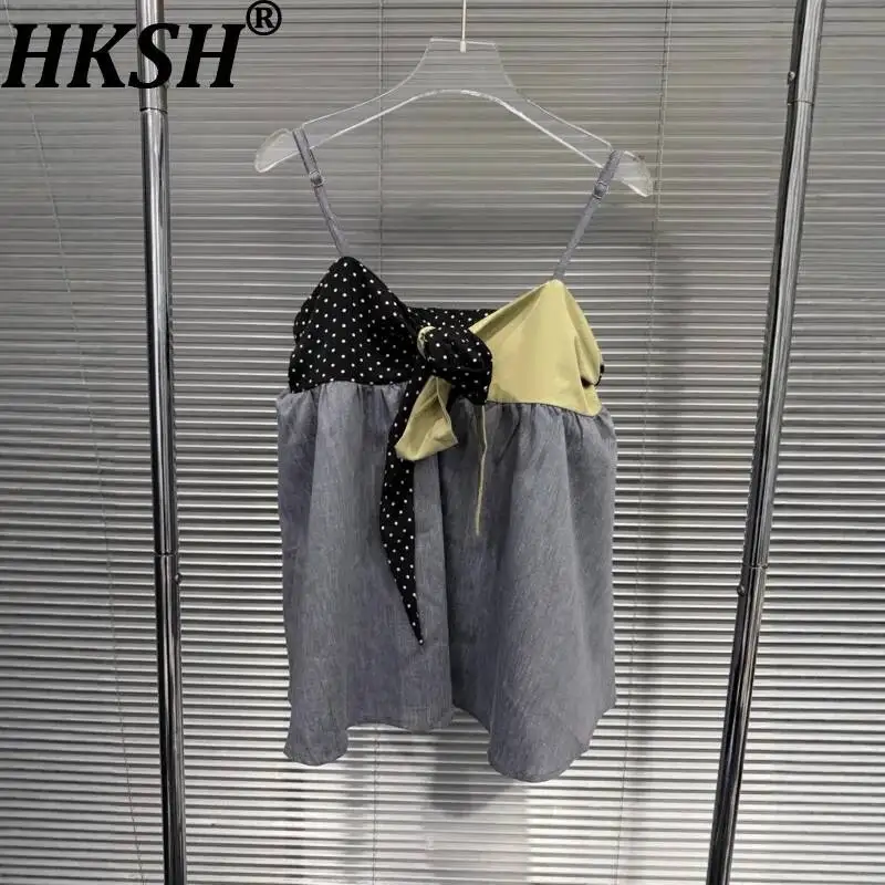 HKSH Women Camisole Fashion V-Neck Loose Contrast Color Bow Lace-Up Design Patchwork Backless Niche Sleeveless Tank Top HK24868