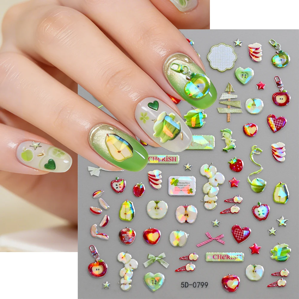 1 Stück 5D Holographische Apfel-Herz-Schleife Nagelaufkleber Glänzende Stern-Apfel-Nagelsticker Selbstklebende Sommer-Früchte Maniküre-Slider NK