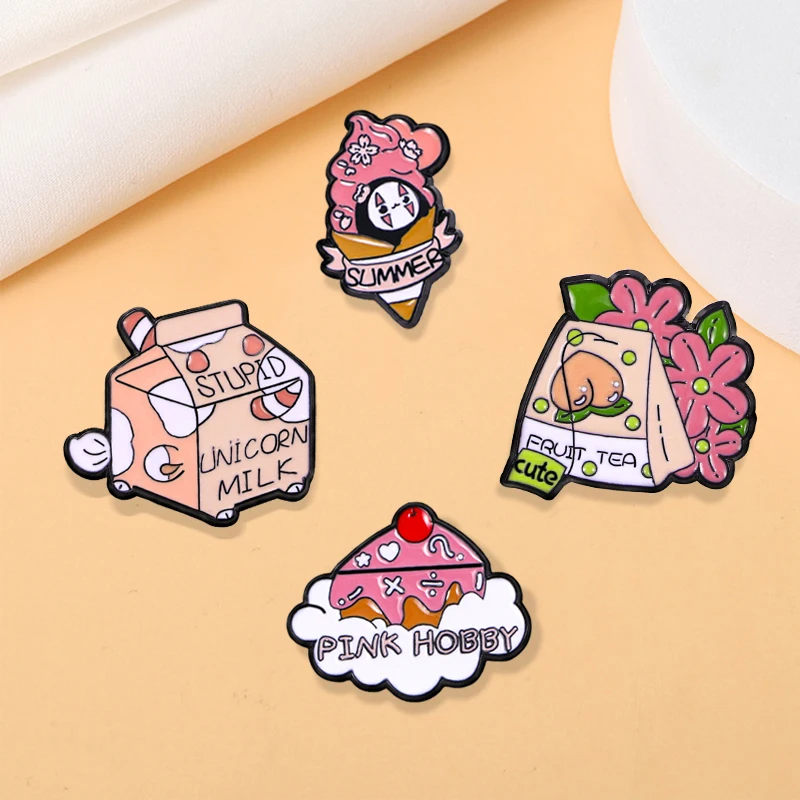 Cute Pink Drink Collection Enamel Brooches Unicorn Milk Summer Ice Cream Hobby Cake Fruit Tee Pins Jewelry